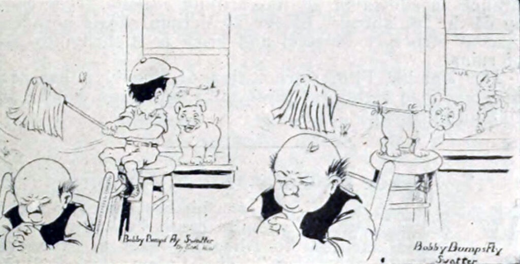 Two black and white images: in one, a boy is waving a fan over an old man and looking at a dog. In the second, the fan is tied to the dog, and the boy has run away. From Earl Hurd's "Bobby Bumps, Fly Swatter"