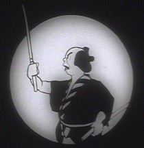 A black and white cartoon still of a samurai, holding up a katana.