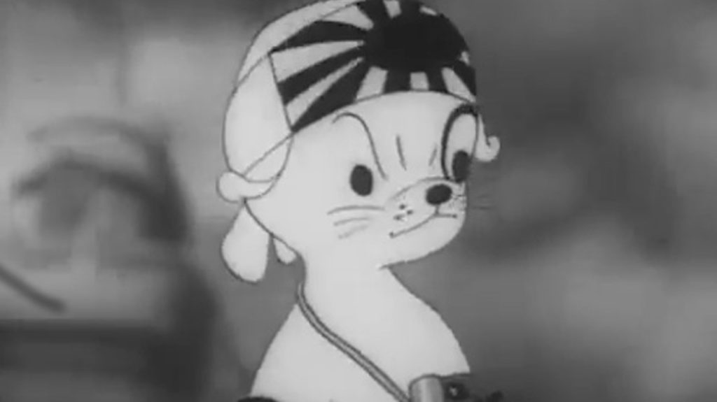 A black and white cartoon image. A white dog, wearing a headband with the Japanese war flag on it; a central sun, with rays spreading out in all directions.
