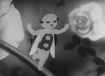 A black and white cartoon image. A pale girl-child dressed as a winged beetle is shanding on a branch. To each side of her, we see rose flowers which dwarf her.