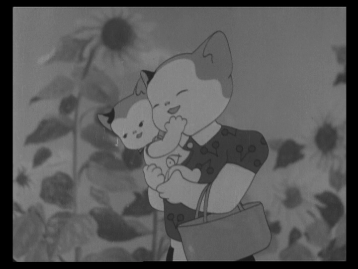 A black and white cartoon image. An anthropomorphic mother cat holds her kitten close to her face and cuddles it. She's also singing a song. They're in a field of tall sunflowers.