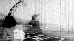 A black and white cartoon image. A game of baseball: a ball is over home plate, and a gorilla in a baseball uniform is swinging at it. Behind home plate, we see a pig in white playing catcher, and a giraffe umpire.