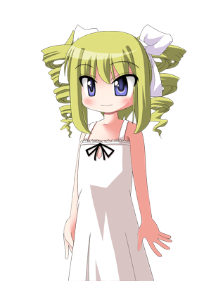 A colour cartoon image. A pale-skinned girl with large purple eyes looks to the left. She has a big, complicated blonde hairstyle, and she's wearing a white bridesmaid's dress with a small black bow at the front. Her hands are at her sides.