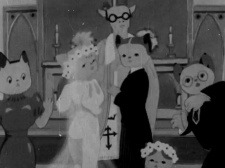 A black and white cartoon image. A 1940s wedding in a Catholic church, with a husband, bride, priest and two witnesses. Except everyone involved is an anthropomorphic cat.