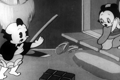 A black and white cartoon image. A pie-eyed samurai is standing outside a house. A woman in traditional Japanese garb is sat just inside the house, with her hands to her face and wearing a look of concern.